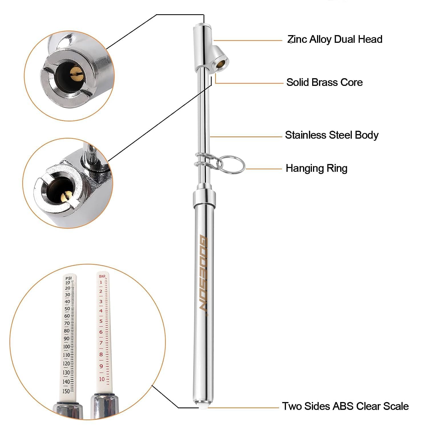 GODESON Dual Head Tire Pressure Gauge,Heavy Duty Tire Pressure Gauge Range 10-150PSI; 1-10Bar,Dual Head Truck Air Pressure Gauge