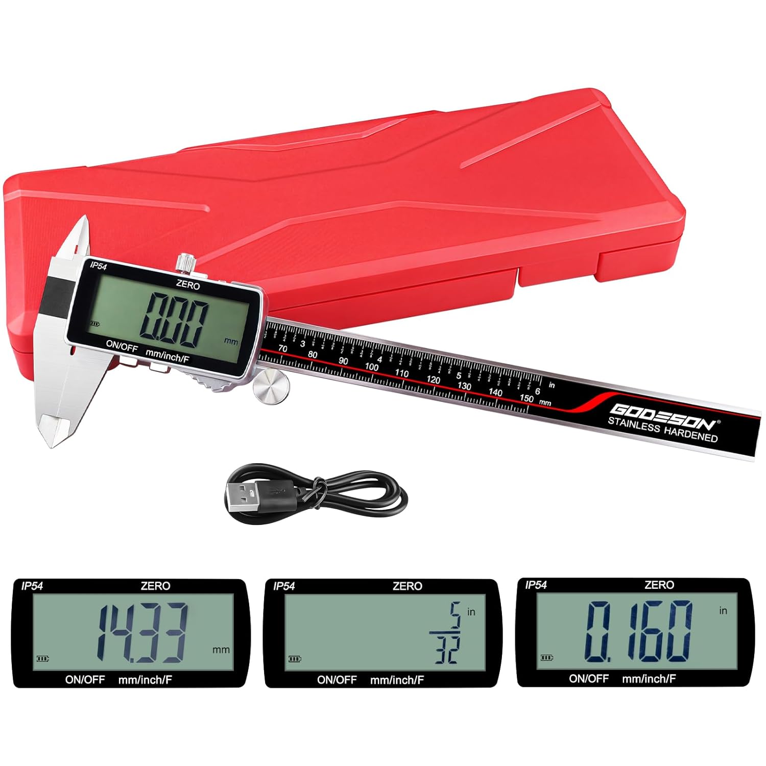 Godeson Digital Calper, IP54 Caliper Measuring Strumento Strumento Senza emerca Schermo LCD, display micrometro digitale ricaricabile Inch/Metric/Fractions, Calpers digitale da 6 pollici-Scala absoluta e auto-off
