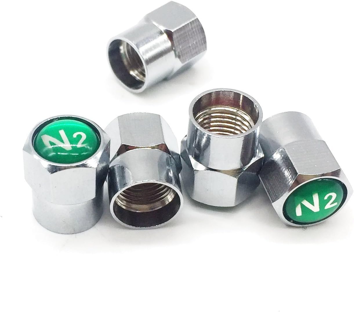 GODESON Chrome Plated Brass Tire Valve Stem Caps N2 Nitrogen Sign Logo on The Top, 5 pcs/Set (Additional 1pcs Spare).