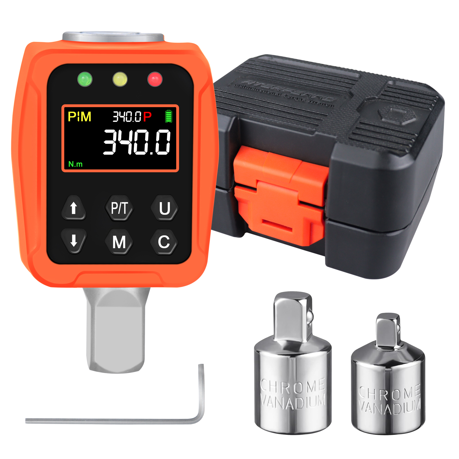 1/2” Drive Digital Torque Adapter-(12.5-250.8 Ft-lb/18-340 Nm) ±2% Accuracy, Color LCD Display with Buzzer & LED Flash Alerts, 1/4” & 3/8” Adapters for Automotive and Motorcycle Torque Calibration