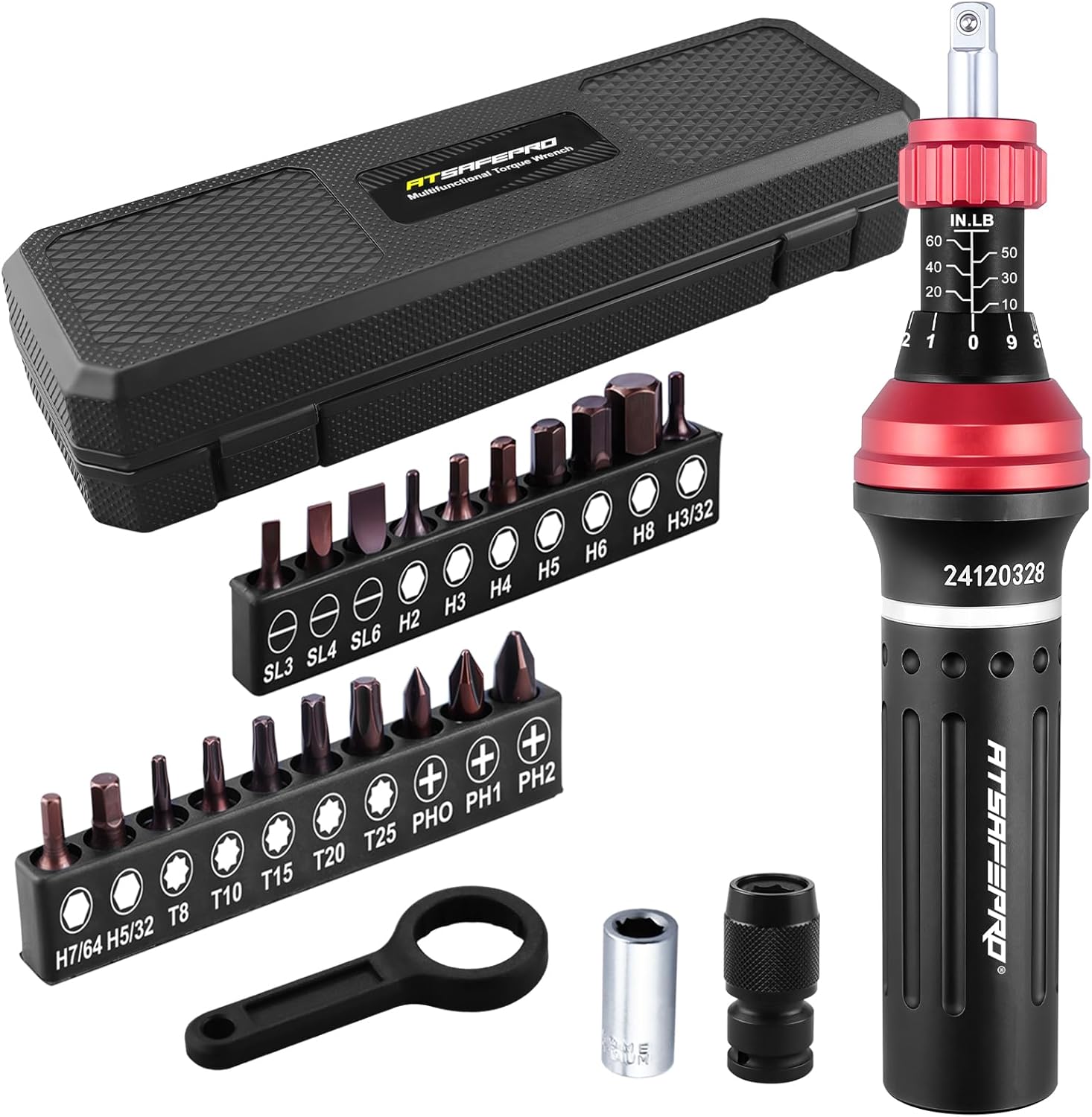 Destornillador de torque - 10-60 pulg. Lb, 21 pcs pulgadas de par de libras ajustadas - 1/4  Soporte de bits elástico, mantenimiento de la hebilla, plana, hexadecimal, torx, Philips, ajuste para bicicleta, bricolaje, mantenimiento de herramien
