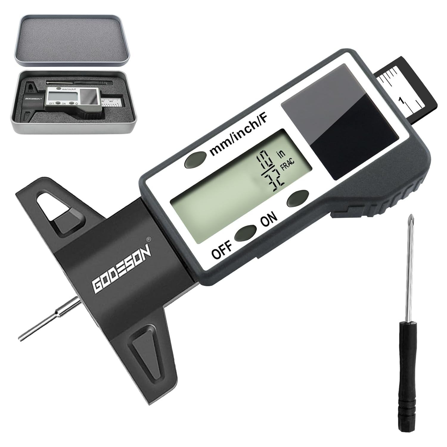 GODESON Digital Tire Tread Depth Gauge -Reads 32NDS, Inch & MM/Solar/Battery Hybrid Power/1" (25.4mm) Range/Accurate Tire Thread Depth Gauge Tool Suitable for Cars, Trucks, Motorcycles