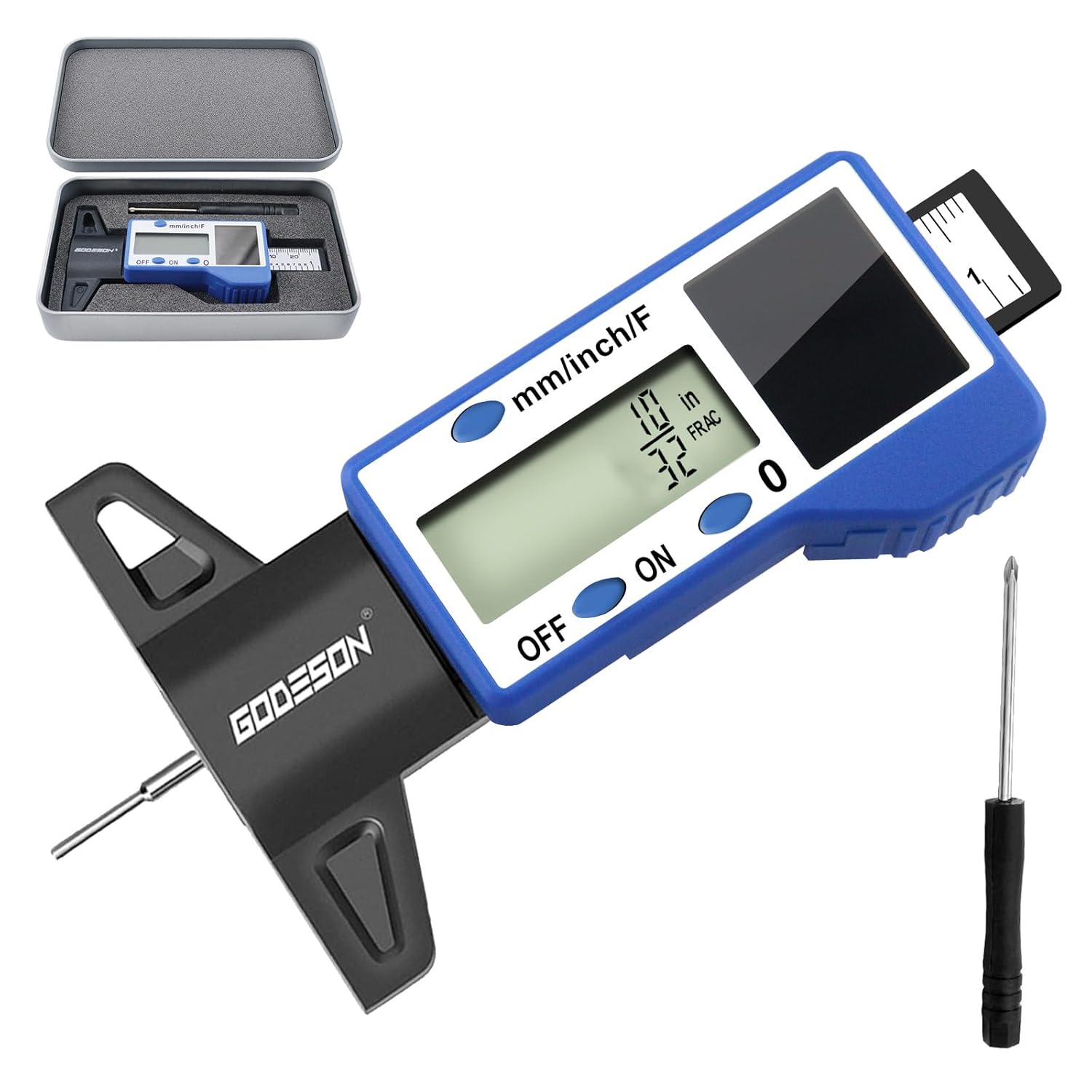 GODESON Digital Tire Tread Depth Gauge – 3 Modes-Fraction/Inch/MM Display, Solar & Battery Hybrid,1” (25.4mm/32NDS) Range, Blue Tire Wear Measure Tool for All Vehicles (Car, Truck, SUV)
