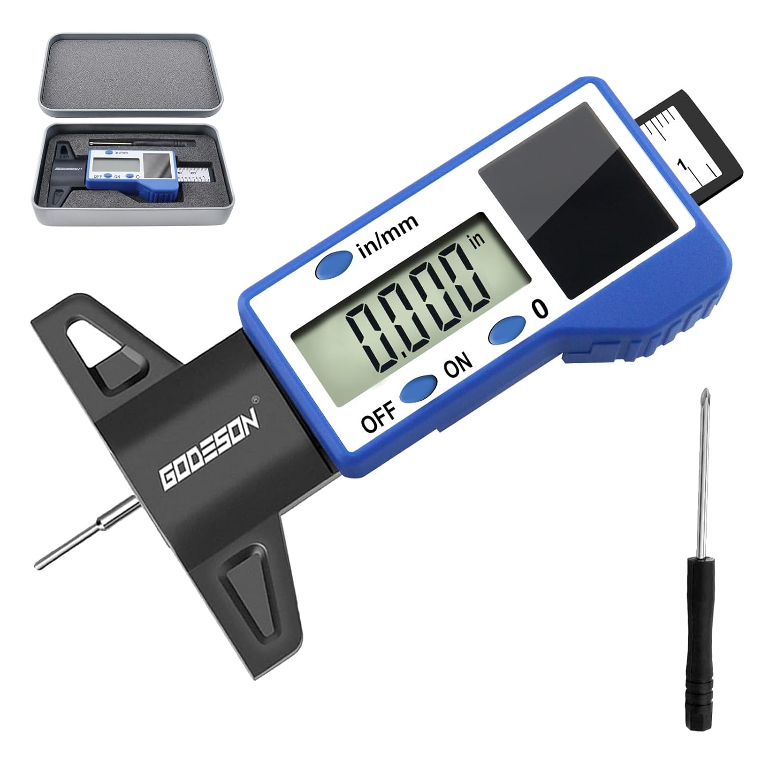 GODESON Digital Tire Tread Depth Gauge – Solar & Battery Hybrid, Inch/MM Modes, 1"/25.4mm Range, Blue Accurate Tread Depth Gauge Tool for Cars, Trucks & Motorcycles Tire Wear Check