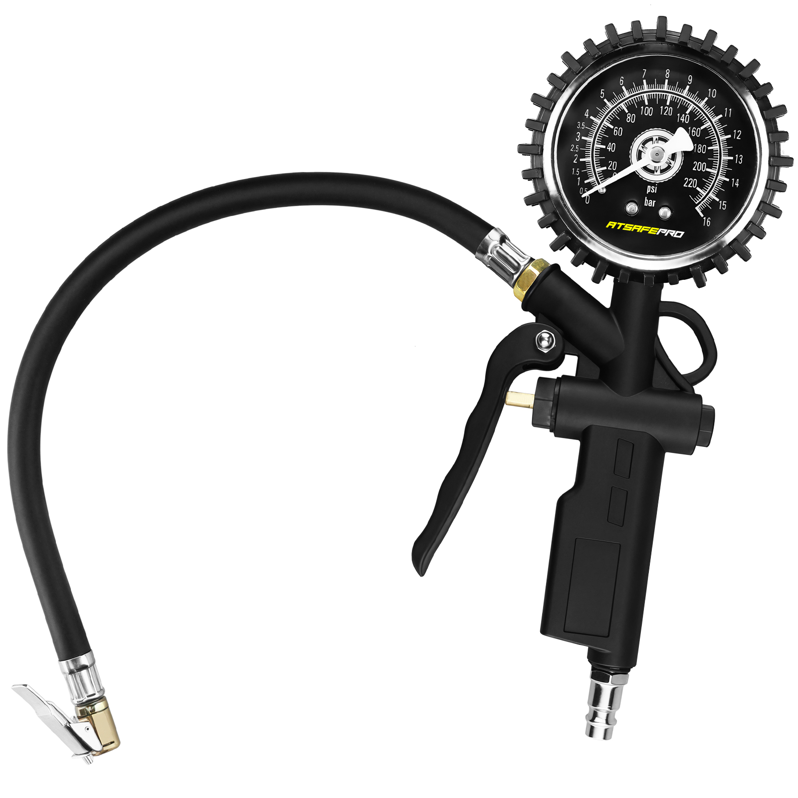 Tire Pressure Gauge with Inflator - 0-220PSI, ANSI B40.1 Accurate Tire Inflator with Gauge - 2.5" Easy Read Glow Dial & Rubber Hose, Air Compressor Attachments for Check and Maintain the Tire Pressure