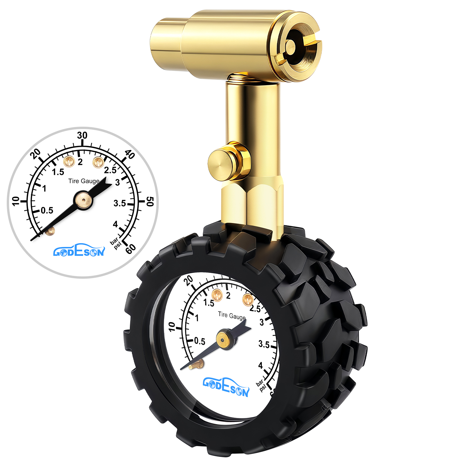 GODEOSN Bike Tire Pressure Gauge - Dual Head for Schrader & Presta Valves,0-60 PSI / 4 BAR Range, 1.5-Inch Dial with Gear Protection Sleeve - Suitable for MTB, Road, E-Bikes, Car and Motobike