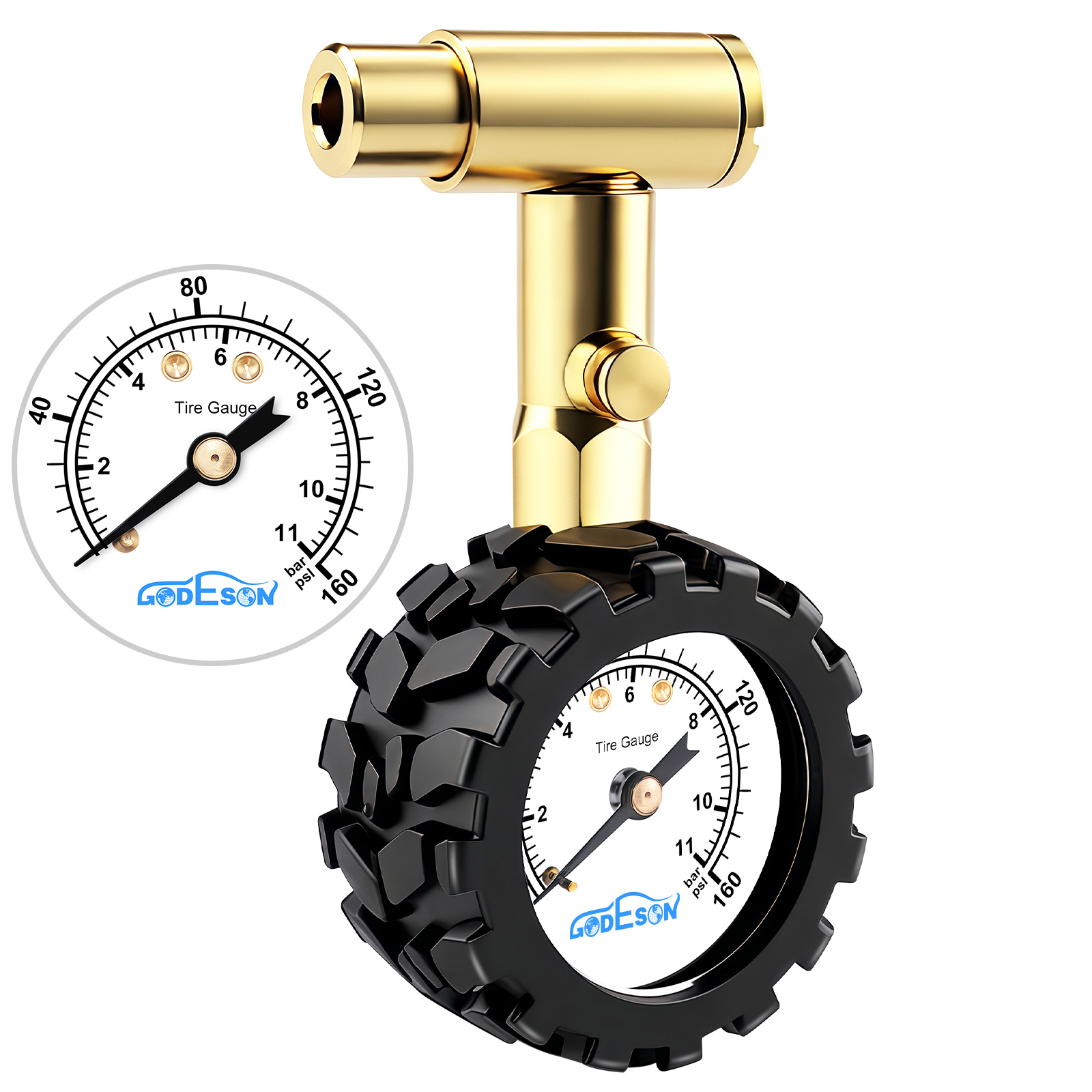 GODEOSN 1.5-Inch Bike Tire Pressure Gauge, Dual-Valve for Presta & Schrader Valves, 0-160 PSI/11 BAR with Gear Protection Sleeve, Fits MTB, Road, E-Bikes, Cars, Motorcycles & Trucks