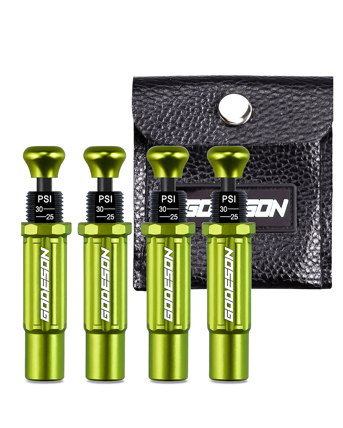 GODESON Adjustable Auto-Stop Tire Deflator (10-30 PSI), 4 Pcs Air Down Tire Deflators for Off-Roading, Beach Driving, Easy Screw-On Offroad Accessories 4x4 Release for Accurate Tire Pressure (Green)