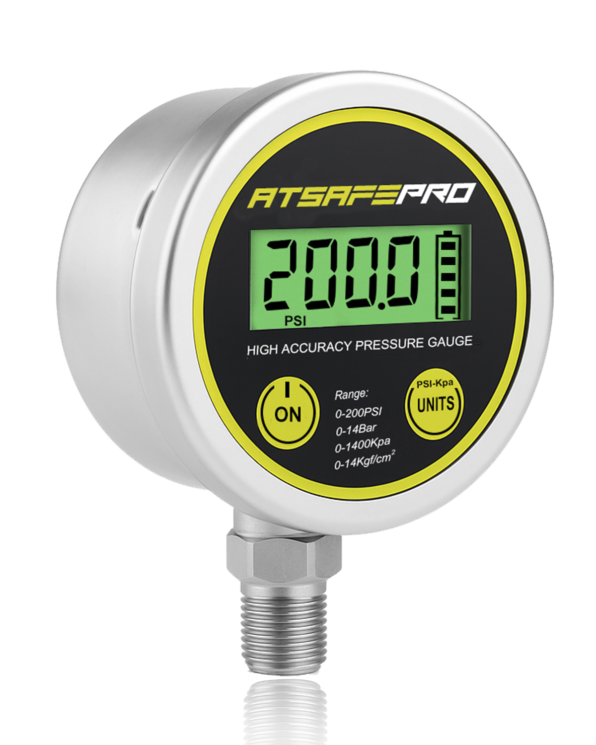 Digital Pressure Gauge-200psi,Stainless Steel Digital Water Pressure Gauge-2.9-Inch LCD Display,1/4-Inch NPT Bottom Thread,Suitable for Measuring Hydraulic, Oil, Water,and Air Pressure