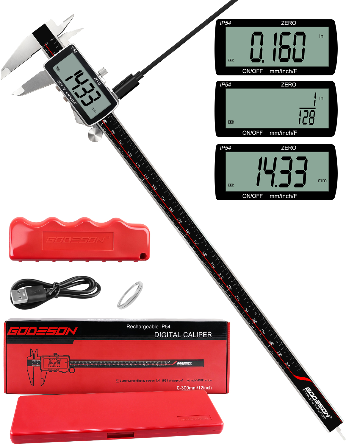 デジタルノギス 12 インチ、±0.001 インチ高精度、充電式 & IP54 ノギス測定ツール、大型 LCD 付きステンレススチールノギス 300mm、MM/インチ/F、3D プリント用ラバーグリップ、機械工場