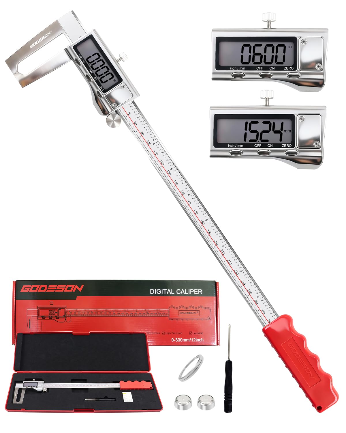 デジタル ノギス 12 インチ、外溝付き、ブレーキ ディスク ローター測定ツール、3D プリント & DIY 用ステンレススチール デジタル ノギス、LCD ディスプレイ、インチ/MM 単位、自動オフ、ゴム引きグリップ & 収納ケース