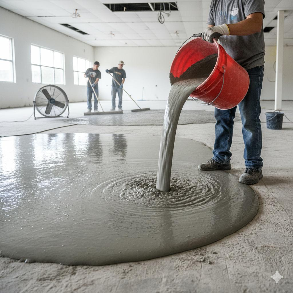 Self-leveling cement slurry flowing evenly to create a smooth floor base