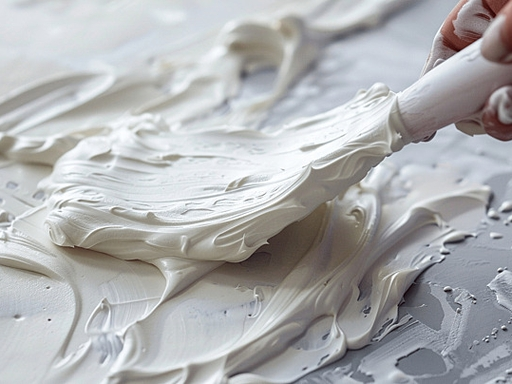 Close-up of smooth white exterior wall skim coat wall putty being applied with a trowel, showing creamy texture and easy workability on a gray surface