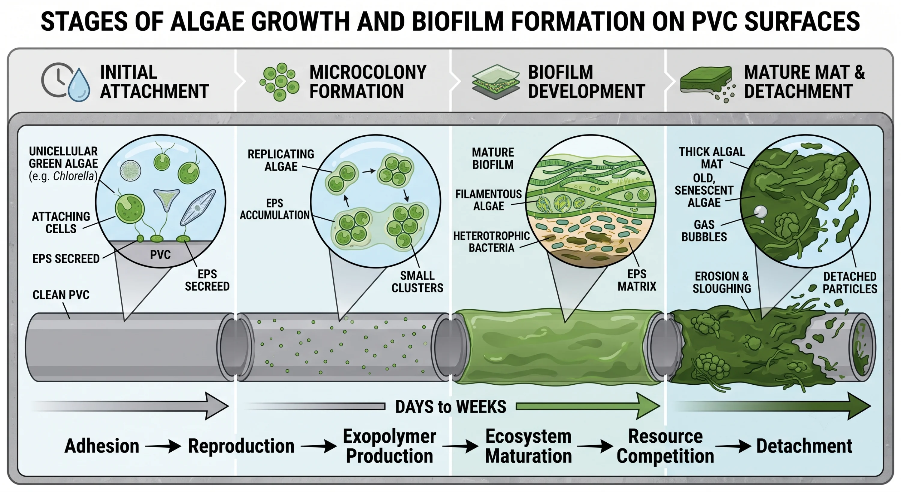 Algae growth stages on PVC material