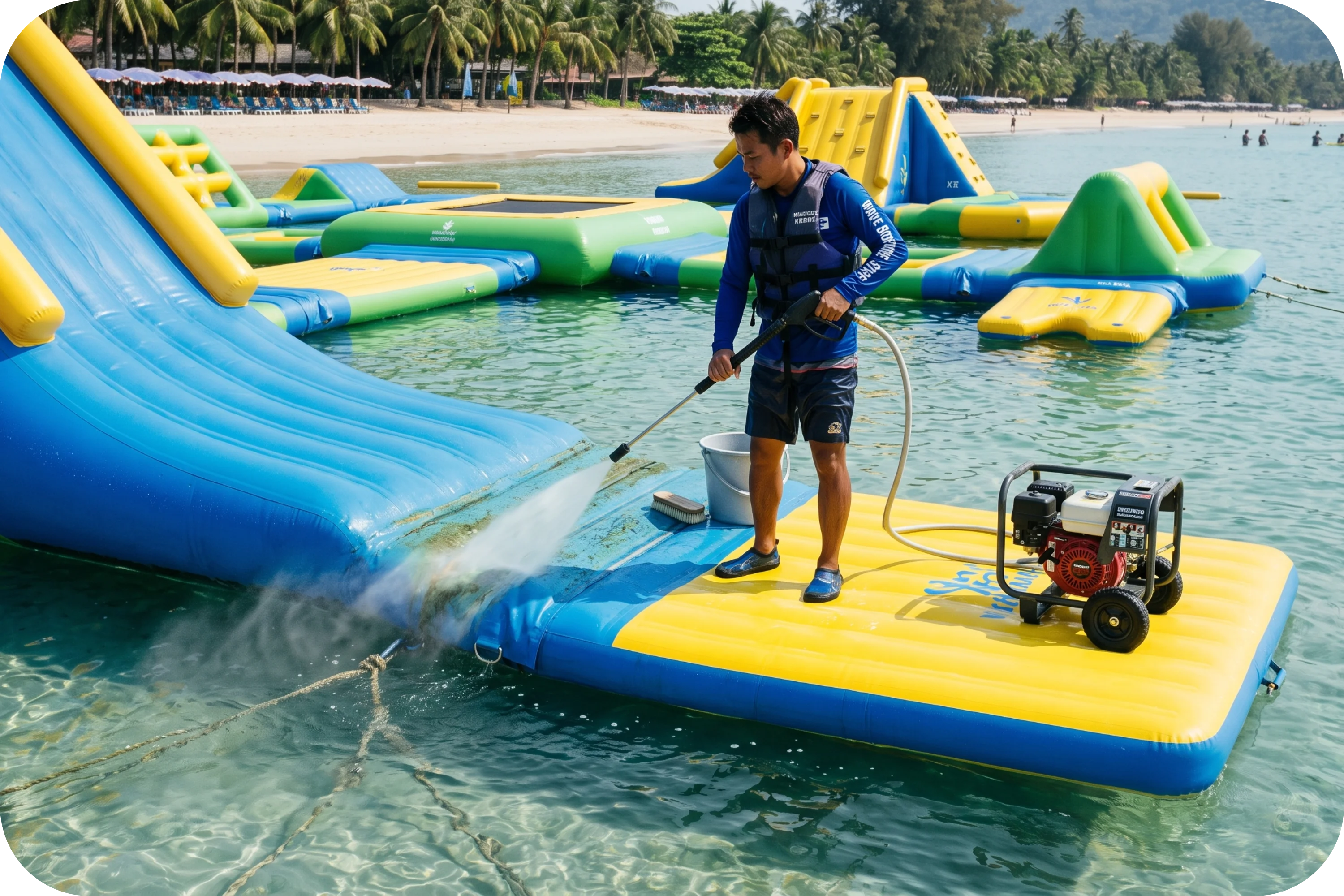 Cleaning water park with a pressure washer