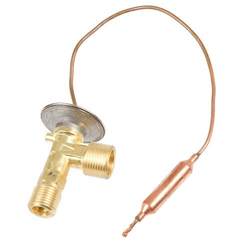 automotive AC expansion valve with thermostatic charge and threaded ports ready for identification review