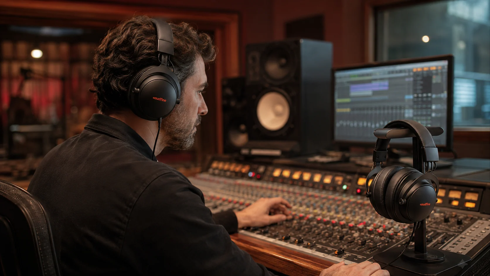 Audio engineer evaluating Audfine closed-back headphones in a recording studio