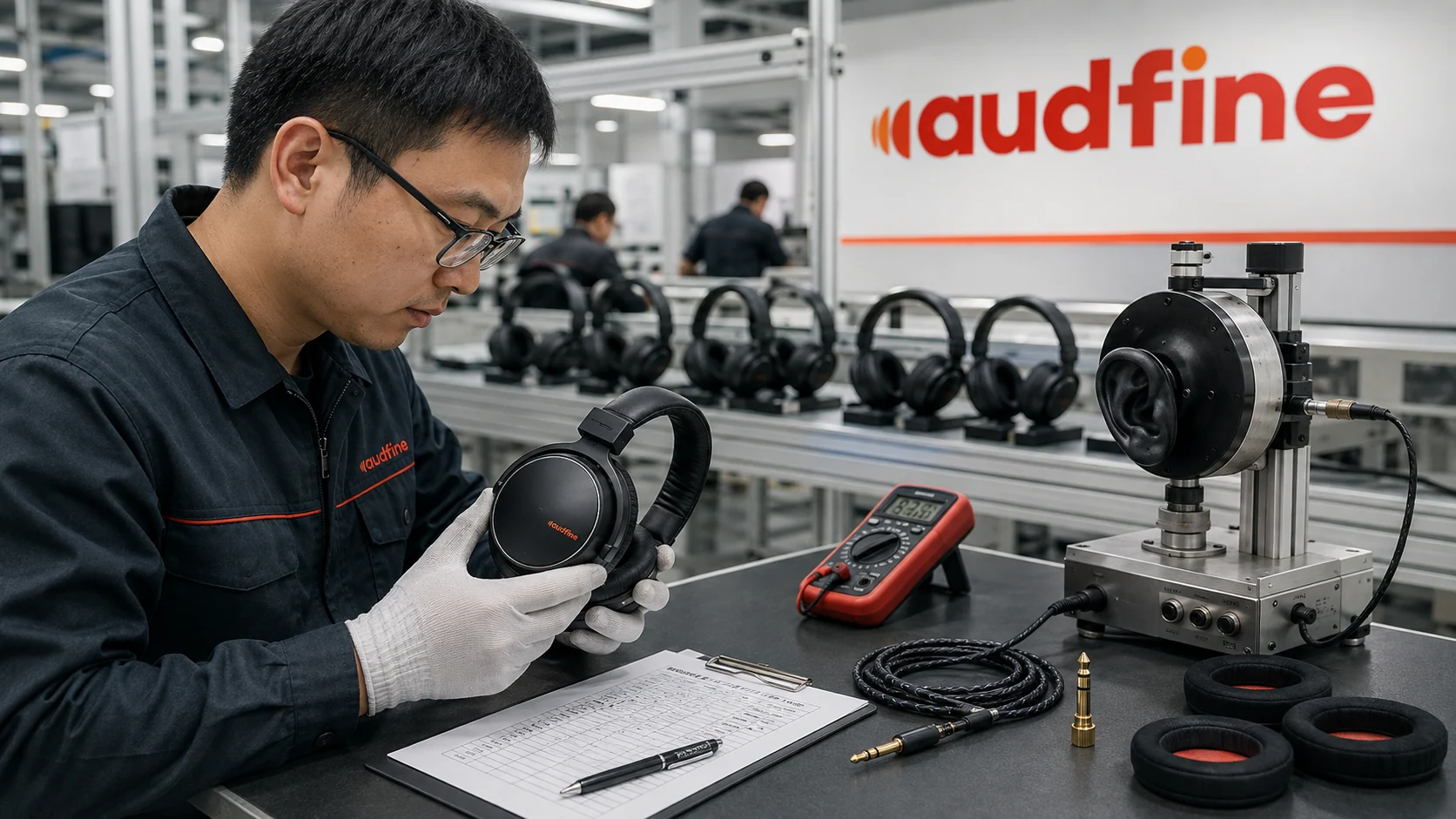 Audfine headphone quality-control inspection with acoustic fixture and accessories